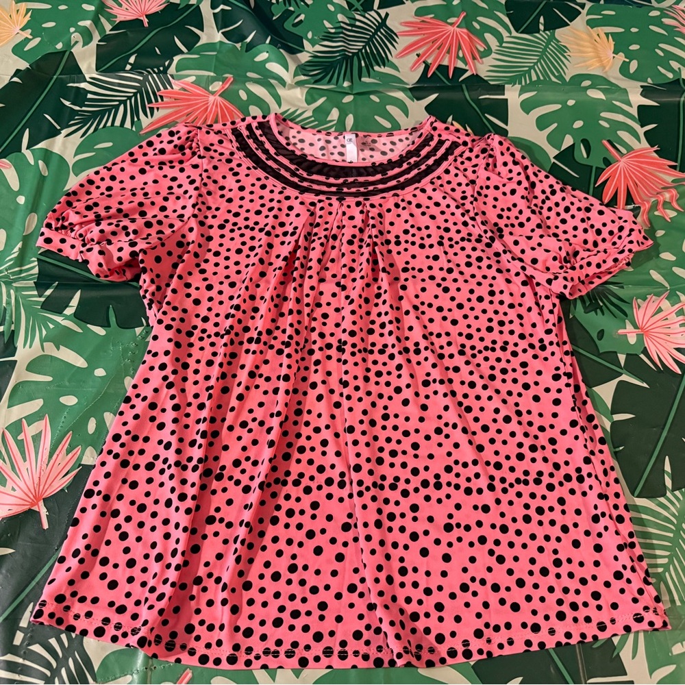NY Collection Black Polka Dots Pink Stretch Top XL